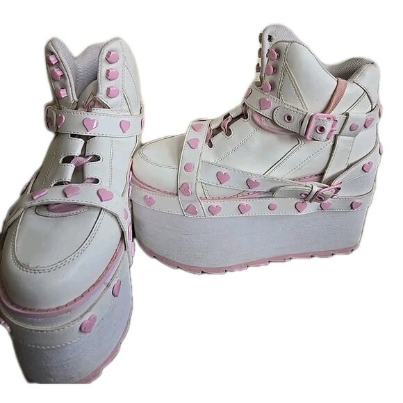 YRU Shoes Size 8 QOZMO White/Pink Hearts Slayr Hi Platform Sneakers Rave Club - Picture 1 of 8